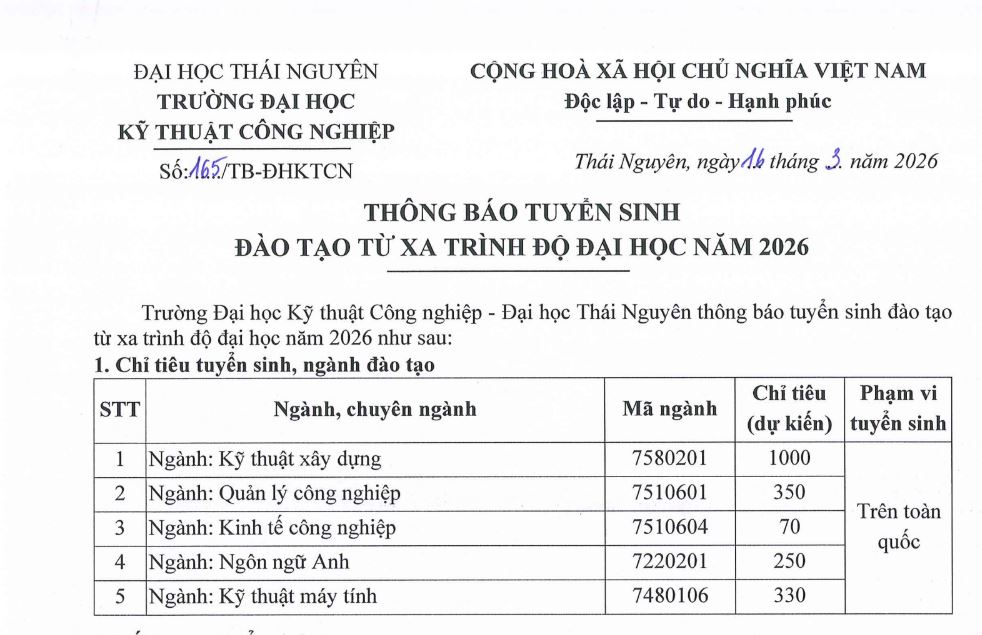 Thông tin tuyển sinh hệ học từ xa TNUT 2026
